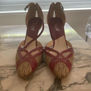 Christian Dior heels in CD fabric and red leather trim and straps.